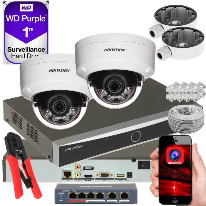 KOMPLETNY ZESTAW DO MONITORINGU IP HIKVISION 2 KAMERY KOPUŁOWE WANDALOODPORNE 4MP + REJESTRATOR 4 KANAŁOWY + SWITCH POE + DYSK TWARDY